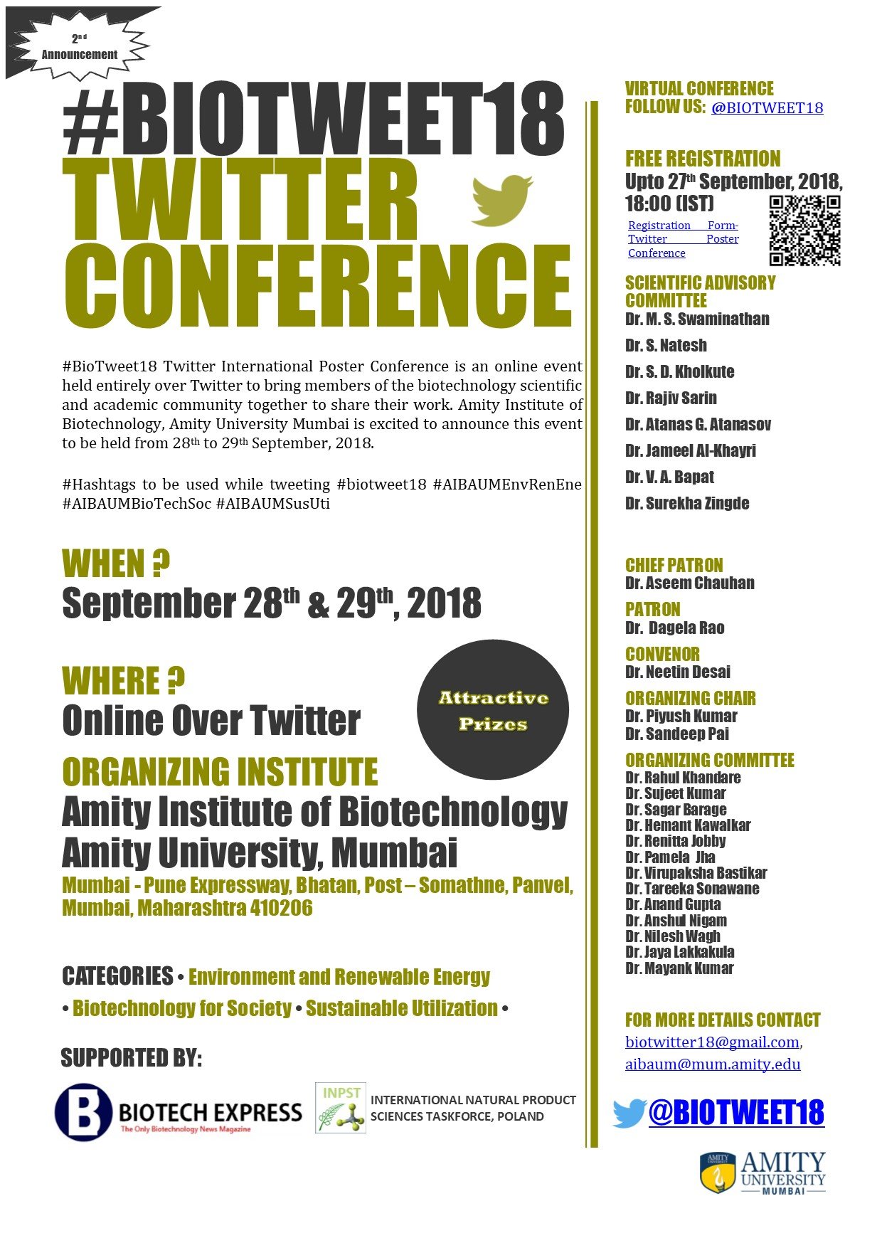 #BioTweet18 Twitter Conference (free registration, held entirely over Twitter, September 28-29, 2018)