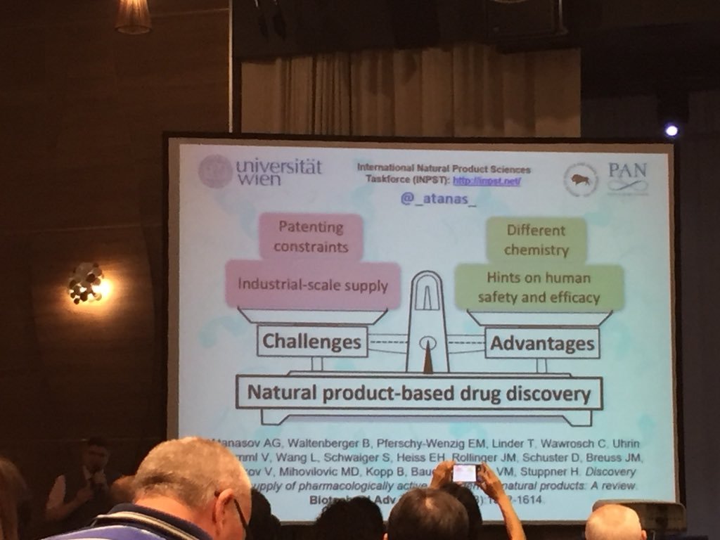 Lecture by @_atanas_ presenting challenges and advantages of natural product-based drug discovery. Photo by @noxthelion